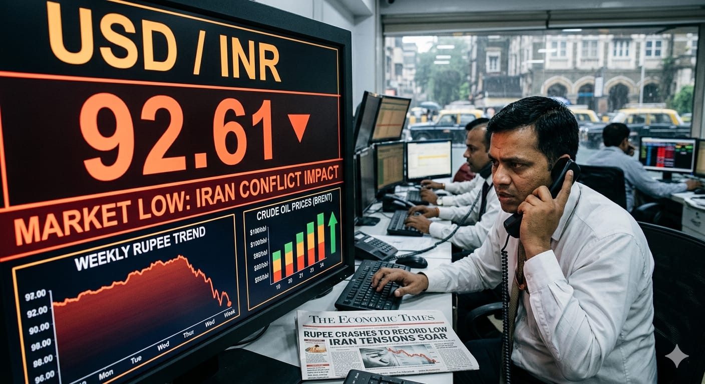 भारतीय रुपया डॉलर के मुकाबले 92.61 के रिकॉर्ड निचले स्तर पर, शेयर बाजार और स्टॉक एक्सचेंज का दृश्य।