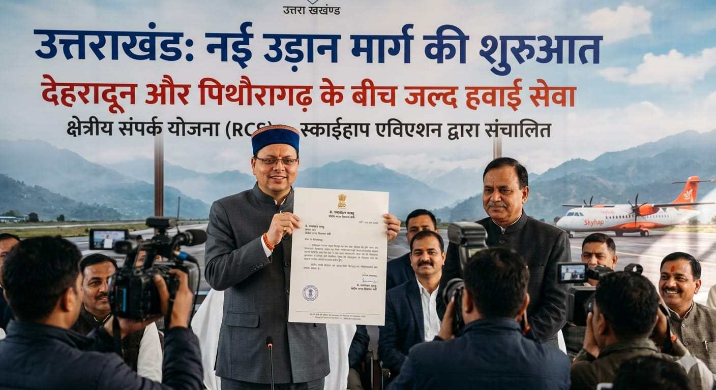 मुख्यमंत्री पुष्कर सिंह धामी देहरादून-पिथौरागढ़ हवाई सेवा की स्वीकृति का पत्र दिखाते हुए और पृष्ठभूमि में पहाड़ी परिदृश्य में विमान।
