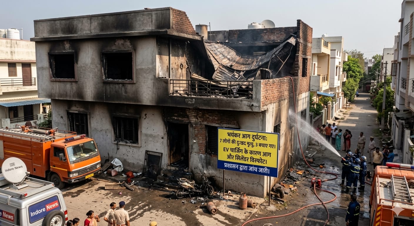 इंदौर के बृजेश्वरी एनेक्स में आग से जला हुआ मकान और घटनास्थल पर मौजूद फायर ब्रिगेड की गाड़ियां।