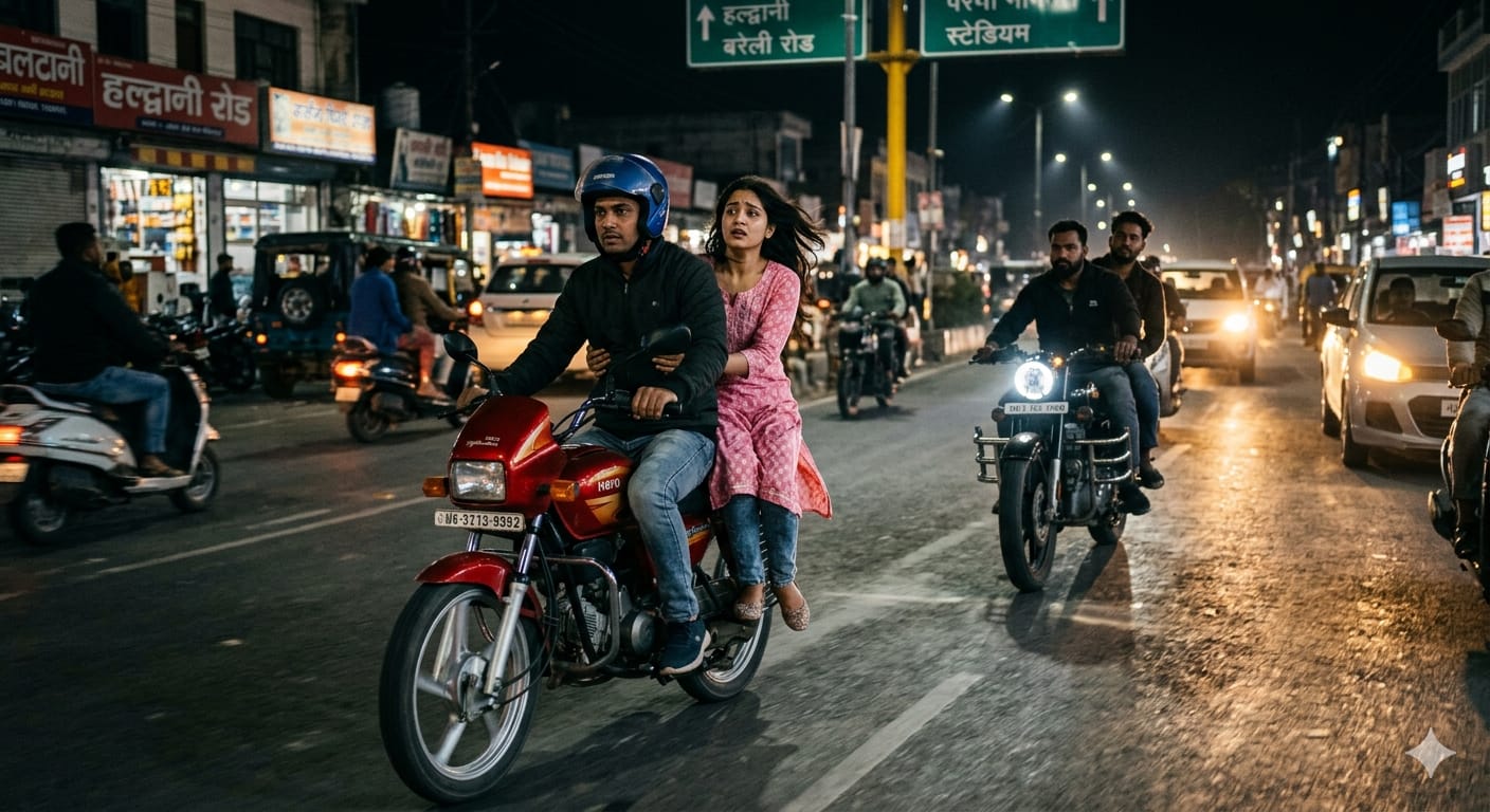 हल्द्वानी की सड़क पर रात के समय बाइक सवार युवती और युवक का पीछा करते मनचले, उत्तराखंड पुलिस सुरक्षा पर सवाल।