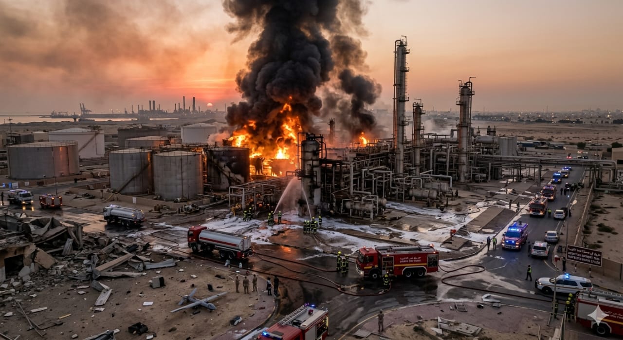 कुवैत की मीना अल अहमदी रिफाइनरी पर ड्रोन हमला और आग की लपटें।
