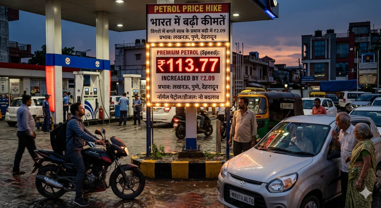 भारत में पेट्रोल की बढ़ी कीमतों को दर्शाता पेट्रोल पंप का दृश्य और रेट बोर्ड (Petrol price hike in India March 2026)