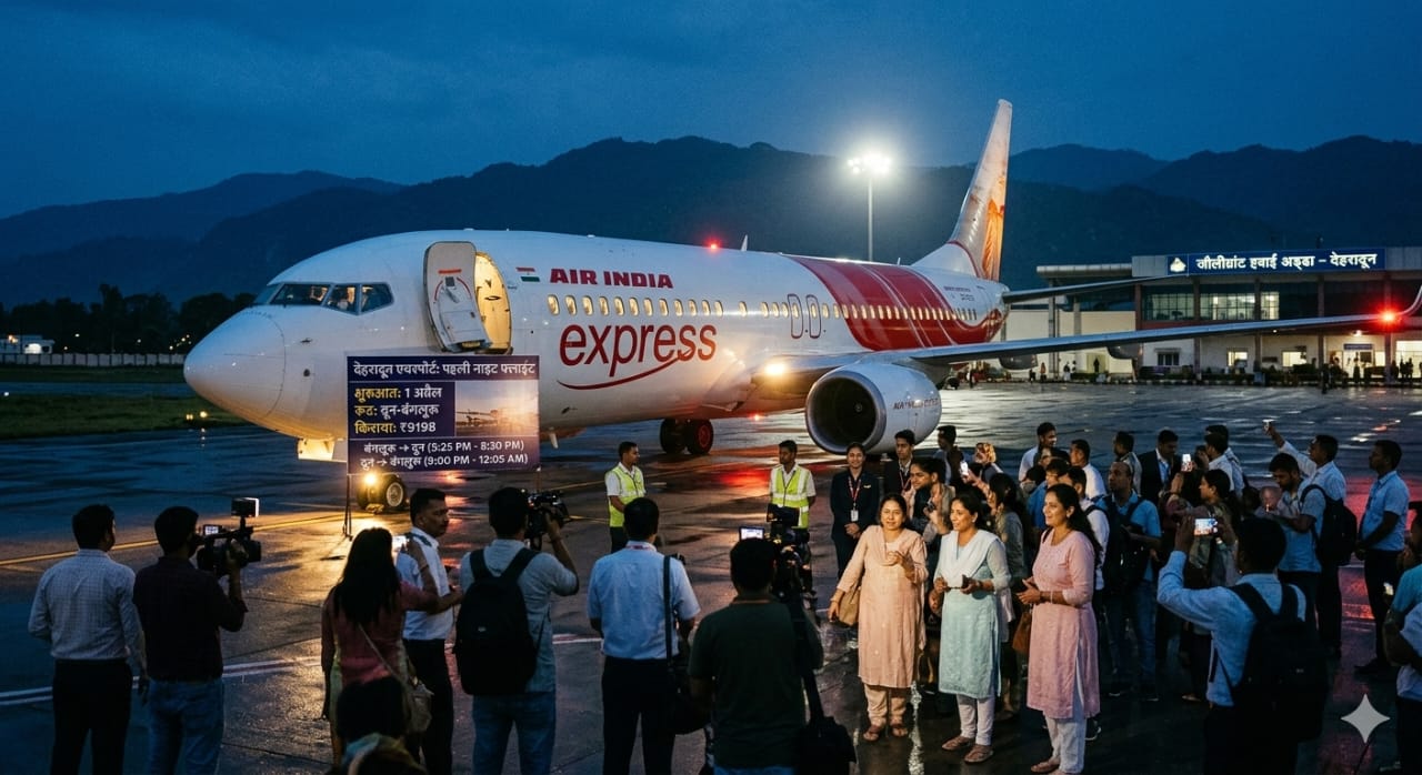 देहरादून के जौलीग्रांट एयरपोर्ट पर पहली बार रात के समय लैंड हुआ एयर इंडिया एक्सप्रेस का विमान और यात्रियों व मीडिया का स्वागत (Air India Express plane landing at night at Jolly Grant Airport Dehradun for the first time)