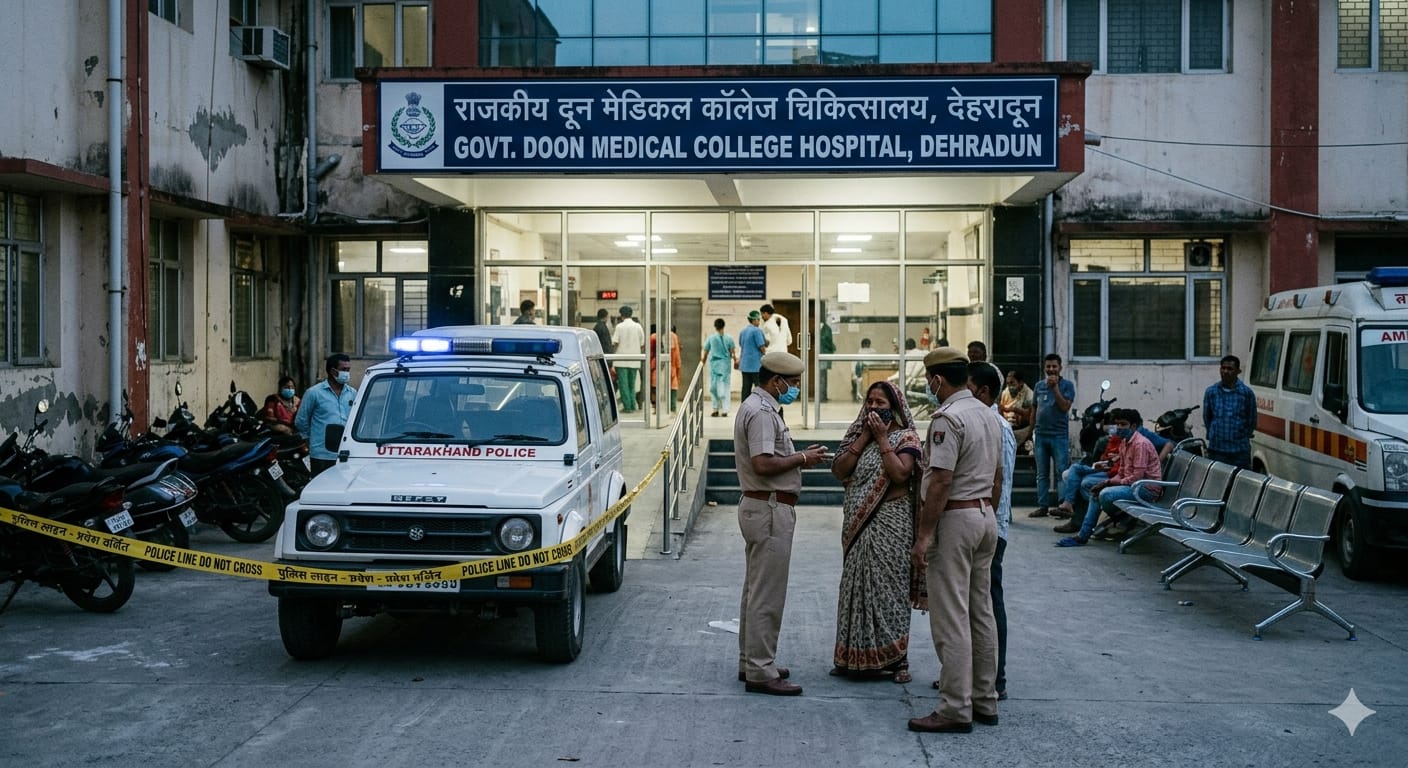 देहरादून के दून अस्पताल के बाहर पुलिस की जांच और अमरीश गोयल आत्महत्या मामला