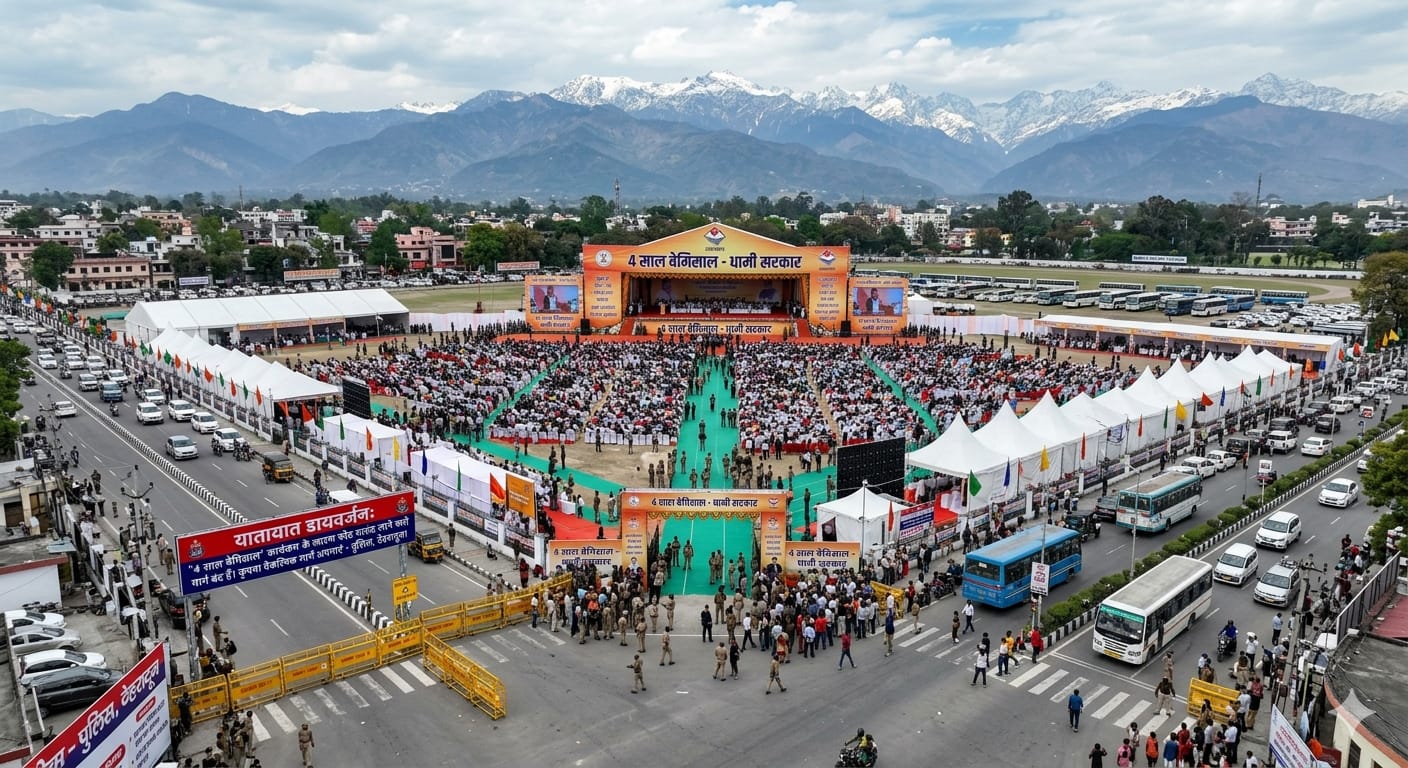 देहरादून परेड ग्राउंड में '4 साल बेमिसाल' कार्यक्रम और पुलिस ट्रैफ़िक बैरिकेडिंग |