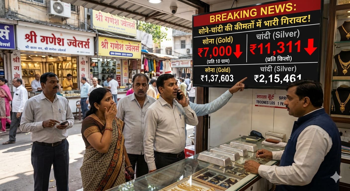 भारतीय बाजार में सोने और चांदी की कीमतों में भारी गिरावट का ग्राफ और ज्वेलरी शॉप।