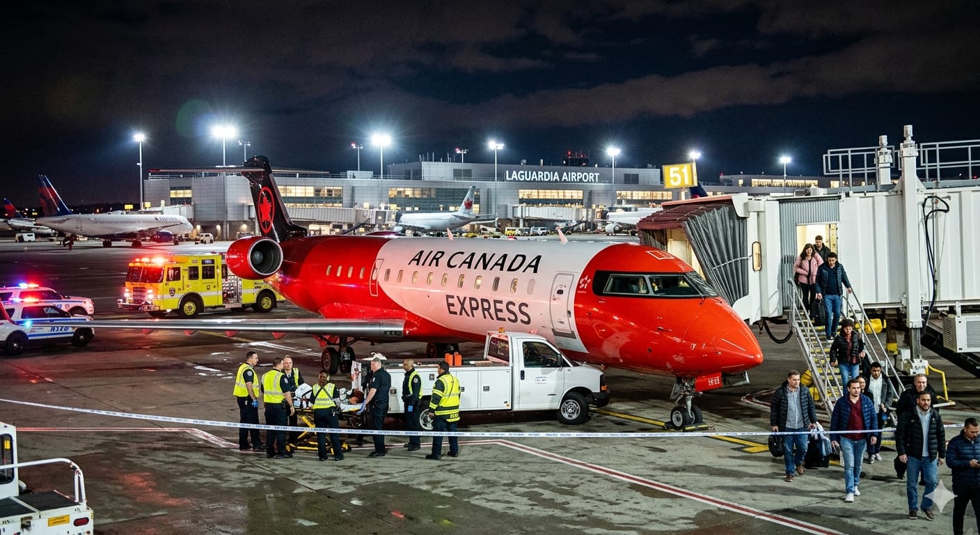 न्यूयॉर्क के ला गार्डिया एयरपोर्ट पर एयर कनाडा एक्सप्रेस विमान और ट्रक की टक्कर के बाद बचाव कार्य का दृश्य।