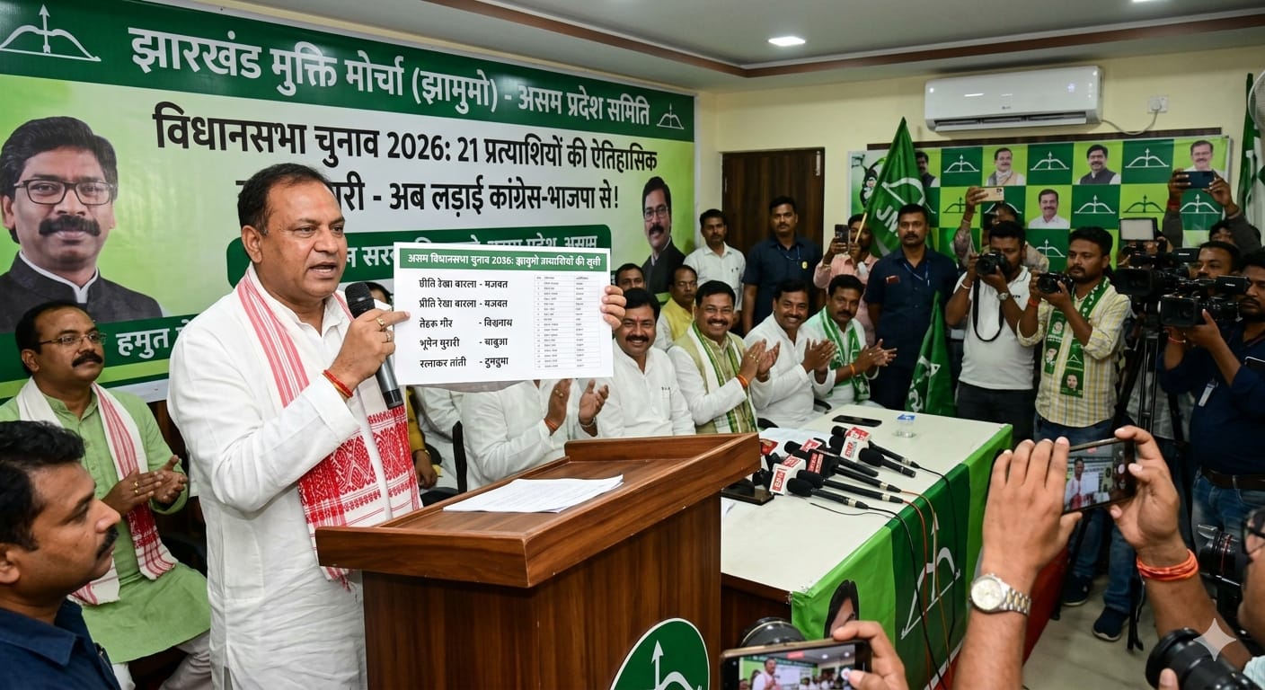 असम विधानसभा चुनाव 2026 के लिए झामुमो की प्रेस कॉन्फ्रेंस और प्रत्याशियों की सूची का प्रदर्शन।