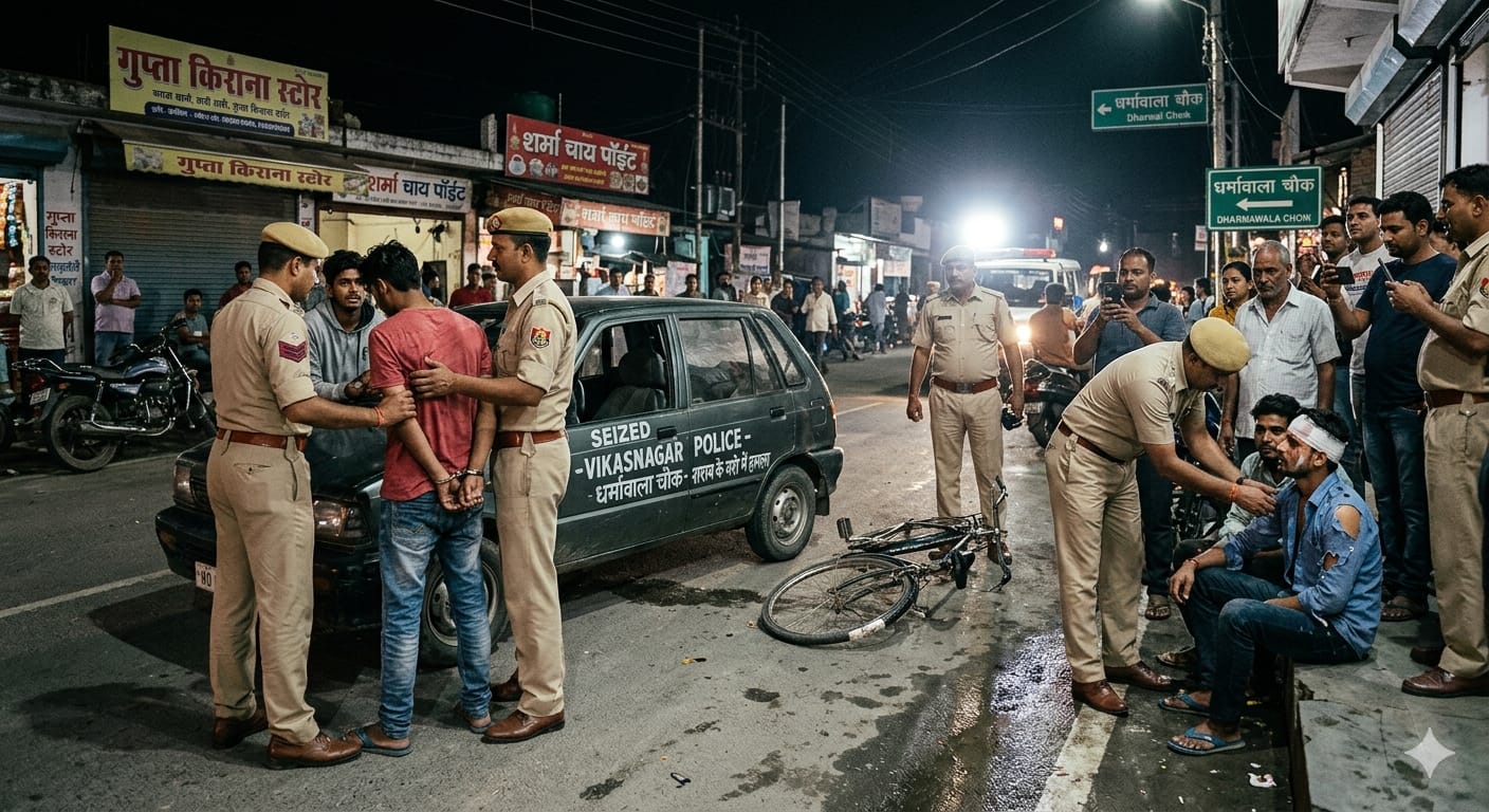 विकासनगर के धर्मावाला चौक पर पुलिस द्वारा गिरफ्तार किए गए आरोपी और घटनास्थल।