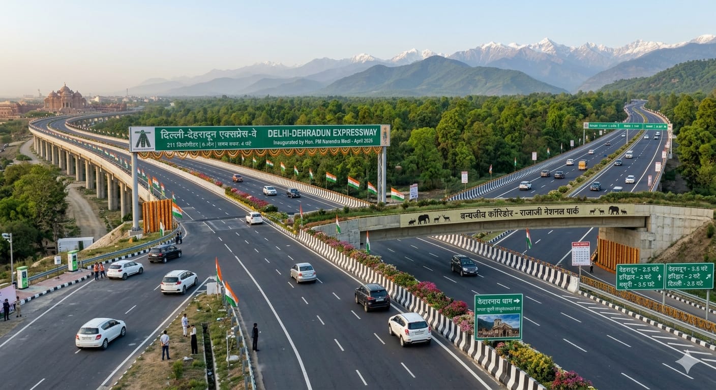 दिल्ली-देहरादून एक्सप्रेस-वे का विहंगम दृश्य, राजाजी नेशनल पार्क वन्यजीव कॉरिडोर और हिमालय की पहाड़ियां।