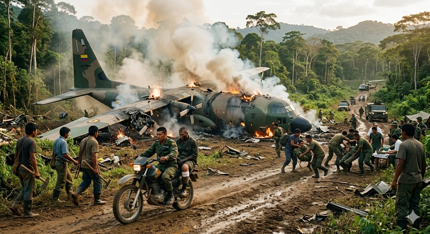 कोलंबिया सेना विमान हादसा हरक्यूलिस C-130 मलबा और रेस्क्यू।