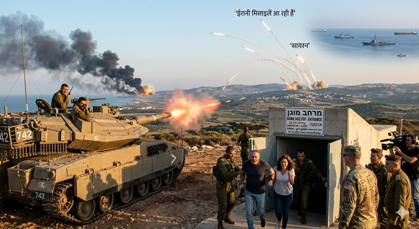 ईरान-इजरायल युद्ध के दौरान होर्मुज जलडमरूमध्य और मिसाइल हमलों का दृश्य।