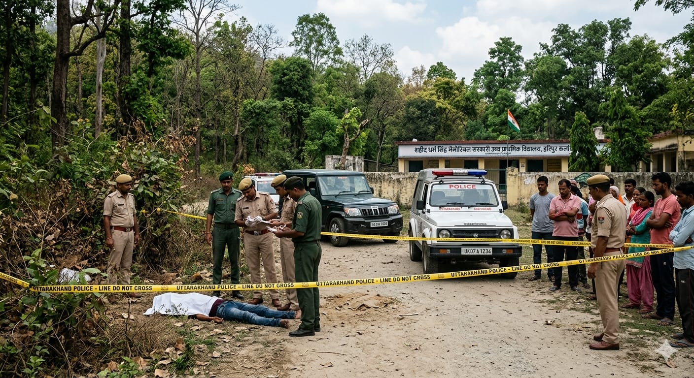 ऋषिकेश के हरिपुर कलां में जंगल के पास पुलिस जांच का दृश्य और संदिग्ध शव। |