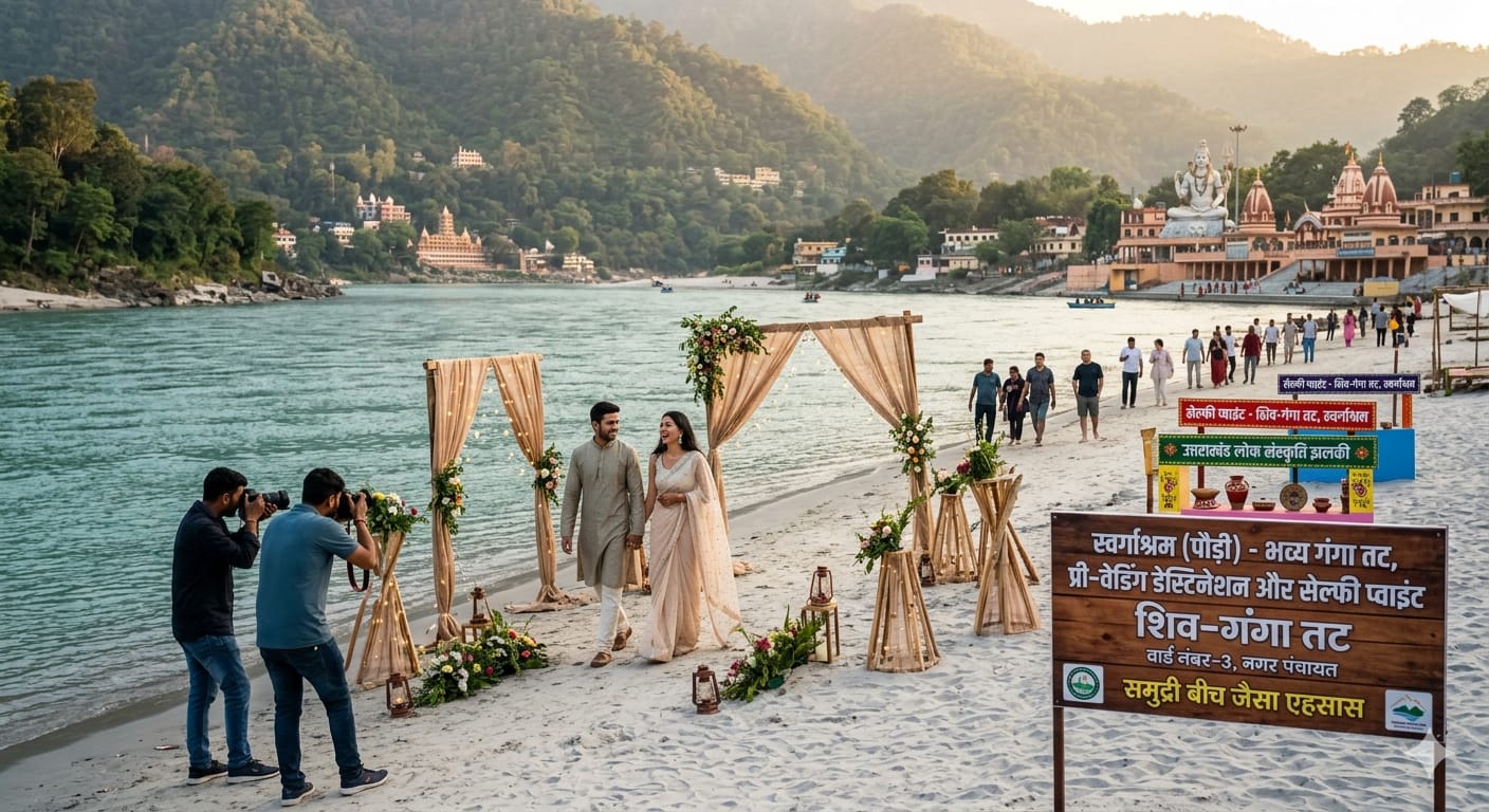 ऋषिकेश स्वर्गाश्रम में गंगा किनारे प्री-वेडिंग शूट कराते कपल और रेतीला तट।