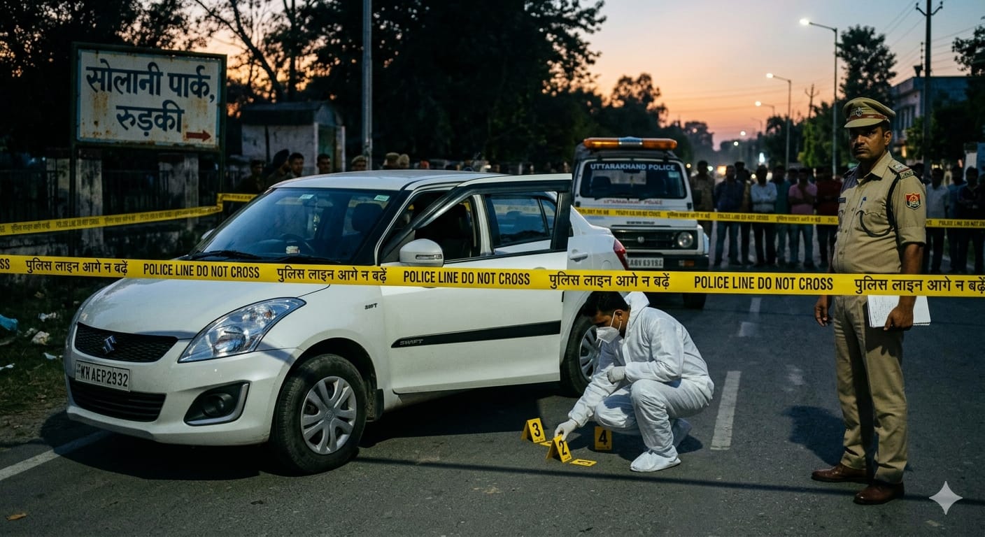 रुड़की उत्तराखंड में सोलानी पार्क के पास एक सफेद कार के आसपास पुलिस जांच की सीन, जहां एक युवक को बंधक बनाकर पीटा गया था।