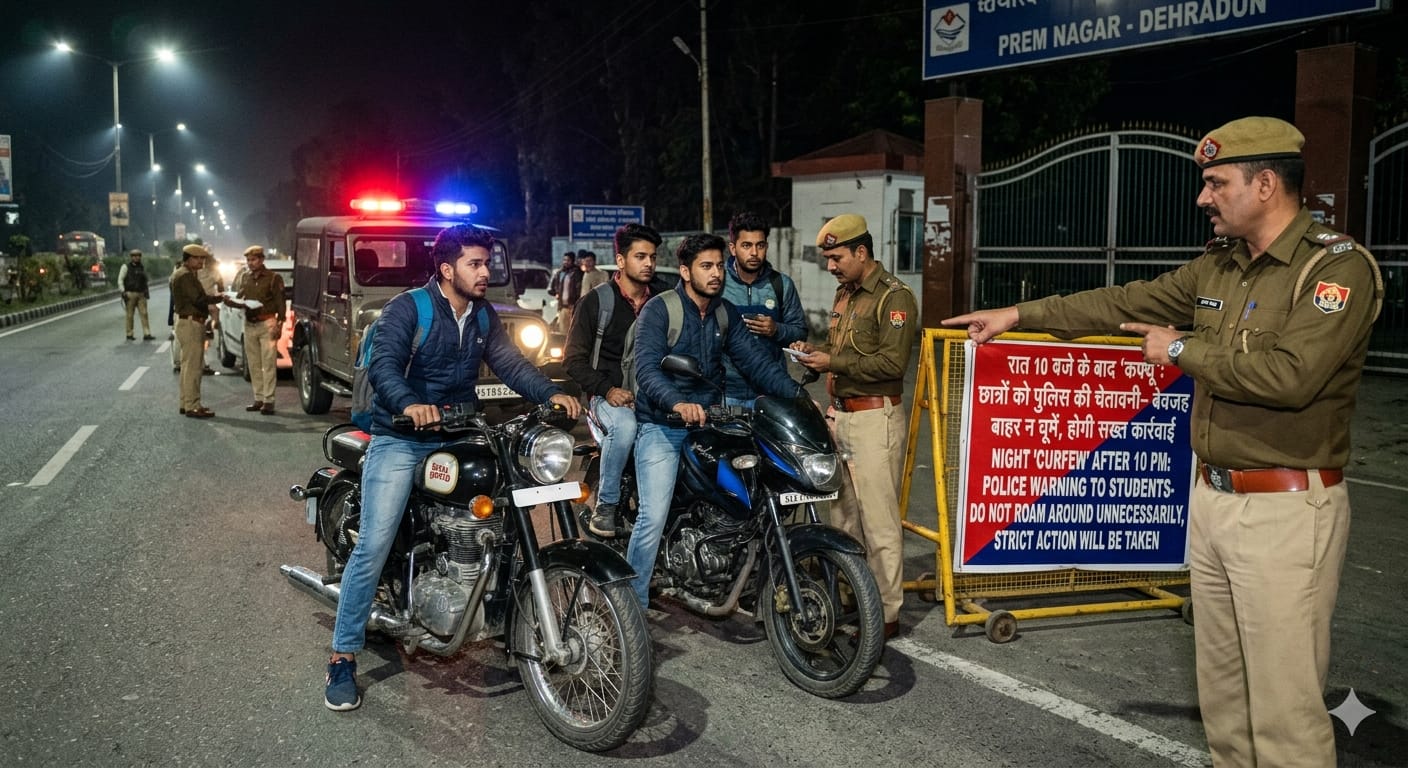 Dehradun Police checking students at night on Prem Nagar highway near a university. (देहरादून पुलिस प्रेम नगर हाईवे पर यूनिवर्सिटी के पास रात में छात्रों की चेकिंग कर रही है.)