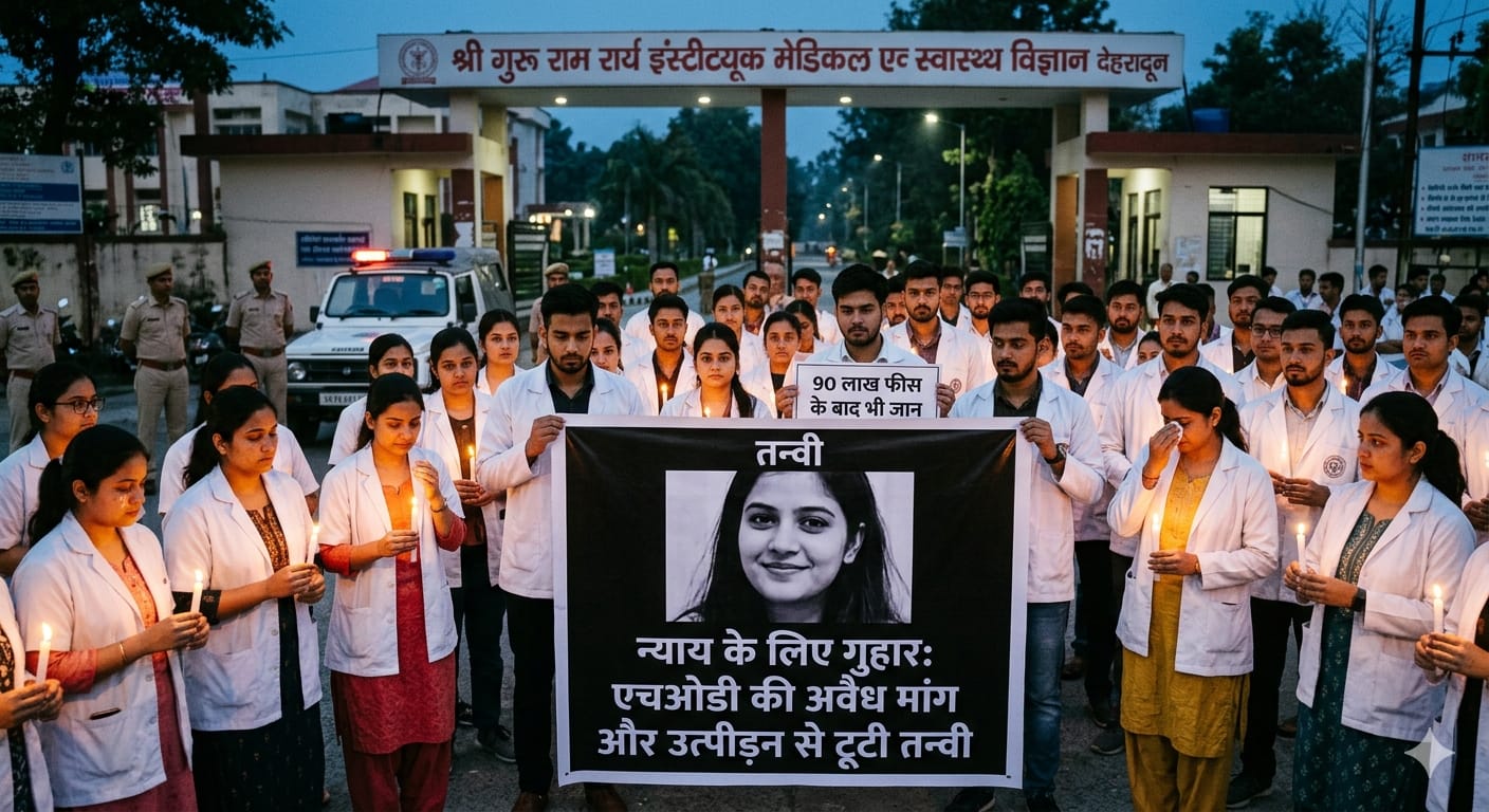 Medical students holding candlelight vigil for Tanvi at SGRR College Dehradun. (देहरादून के SGRR कॉलेज में तन्वी के लिए कैंडल मार्च निकालते मेडिकल छात्र।)