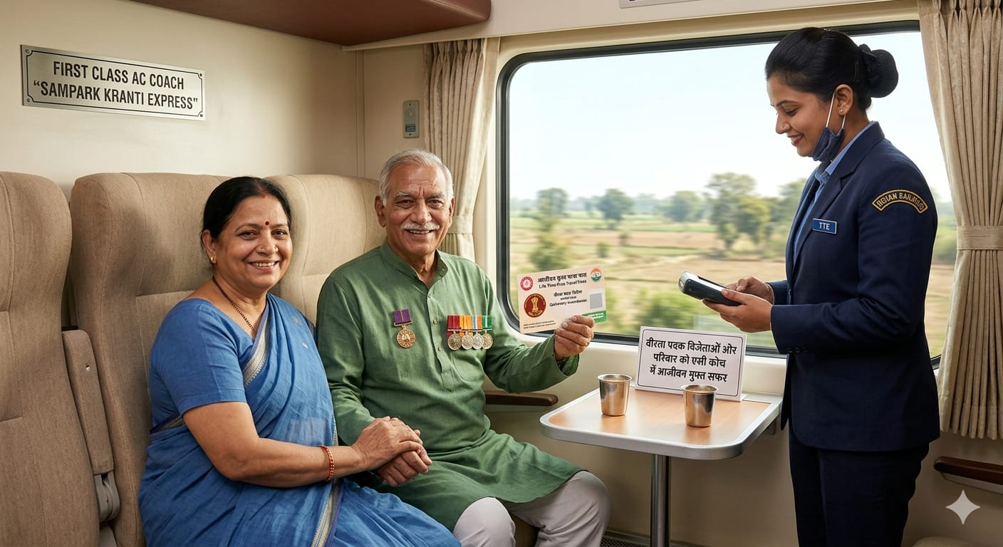 एक ट्रेन के फर्स्ट क्लास एसी कोच के अंदर मुस्कुराते हुए भारतीय सेना के एक बुजुर्ग अनुभवी और उनकी पत्नी, दोनों वीरता पदक पहने हुए हैं, उनके पास एक टीटीई खड़े हैं।