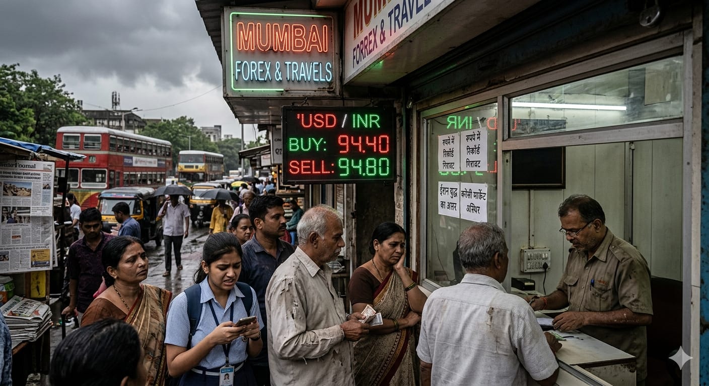 मुंबई के एक मुद्रा विनिमय (Currency Exchange) काउंटर पर डॉलर के मुकाबले भारतीय रुपये की गिरती कीमत 94.40 को देखता एक चिंतित व्यक्ति। ईरान युद्ध के आर्थिक प्रभाव को दर्शाती एक फोटो।