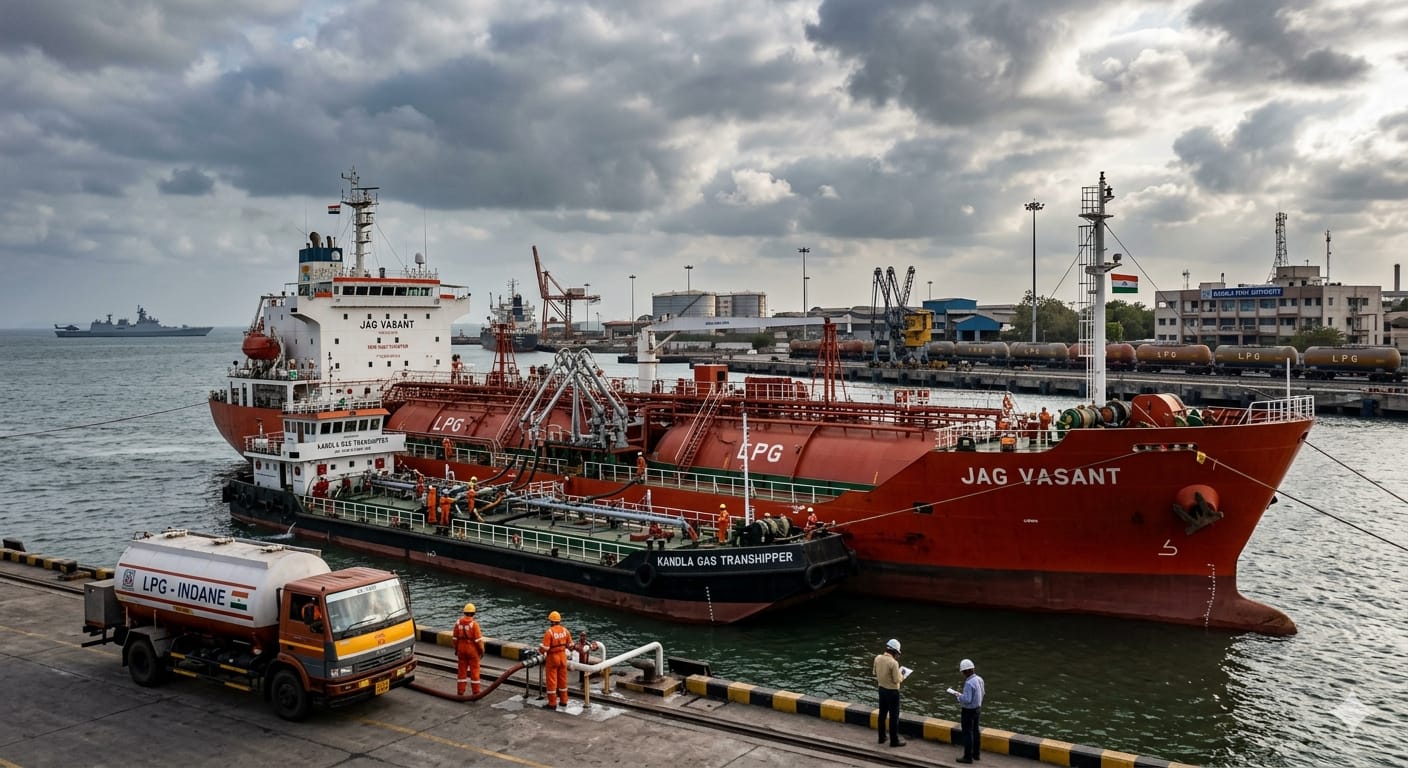 गुजरात के कांडला पोर्ट पर पहुंचा भारतीय एलपीजी टैंकर 'जग वसंत', जो 42,000 मीट्रिक टन गैस लेकर आया है। ऊर्जा संकट के बीच भारत की बड़ी कूटनीतिक जीत का दृश्य।