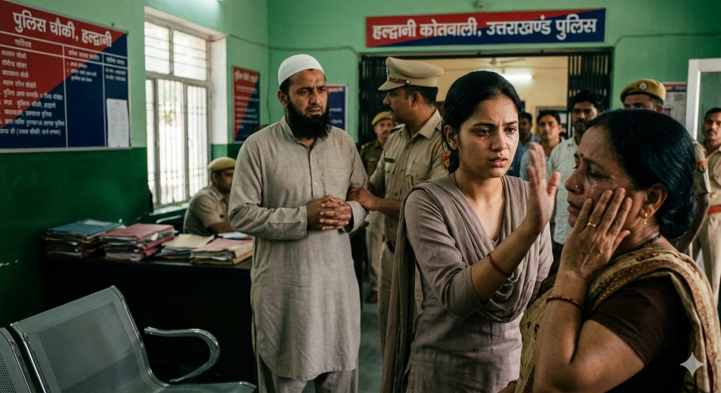 हल्द्वानी में 19 साल की छात्रा और 45 साल का मुस्लिम टेलर पुलिस चौकी में। * Caption: पुलिस चौकी में हंगामे के दौरान मौजूद परिजन और पुलिसकर्मी (प्रतीकात्मक चित्र)।