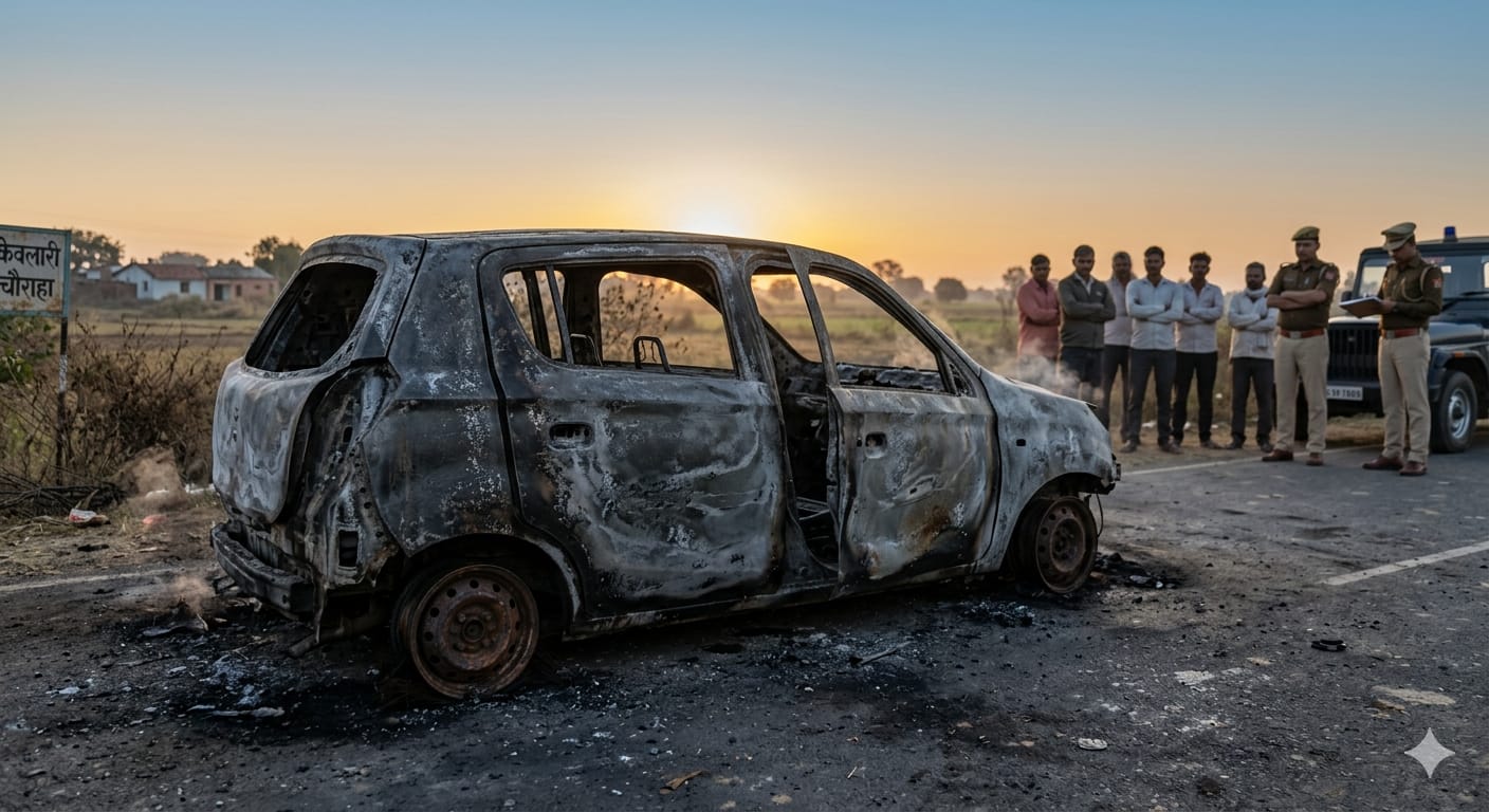 बालाघाट के केवलारी चौराहे के पास जली हुई आल्टो कार और जांच करती पुलिस।