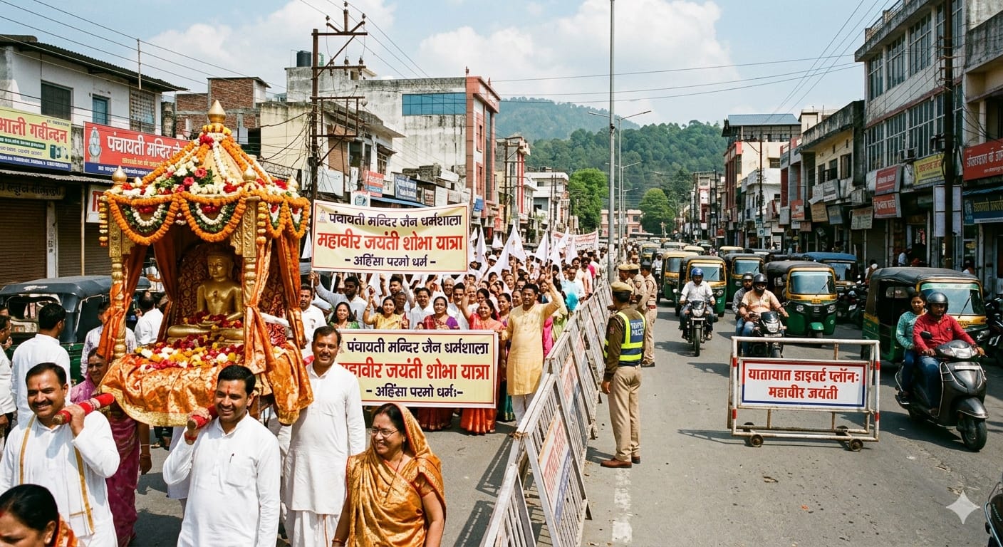 देहरादून की सड़कों पर महावीर जयंती शोभा यात्रा और पुलिस का ट्रैफिक बैरियर।