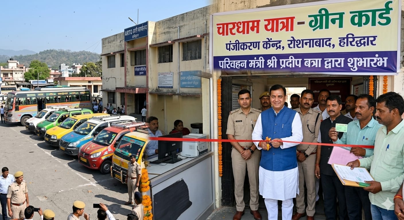 चारधाम यात्रा ग्रीन कार्ड पंजीकरण केंद्र, रोशनाबाद, हरिद्वार में उद्घाटन समारोह के दौरान उत्तराखंड के परिवहन मंत्री प्रदीप बत्रा द्वारा फीता काटने का दृश्य।