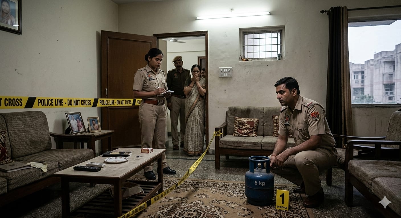 दिल्ली के पुल प्रहलादपुर में हत्या के बाद फ्लैट के अंदर जांच करती पुलिस और रखा हुआ छोटा एलपीजी सिलिंडर।