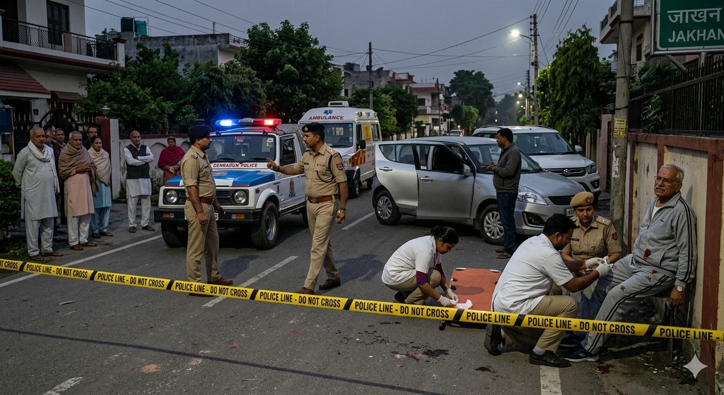 देहरादून के जाखन में रोड रेज घटना के बाद मौके पर मौजूद पुलिस बल और घायल रिटायर्ड ब्रिगेडियर को प्राथमिक उपचार देते स्वास्थ्यकर्मी।