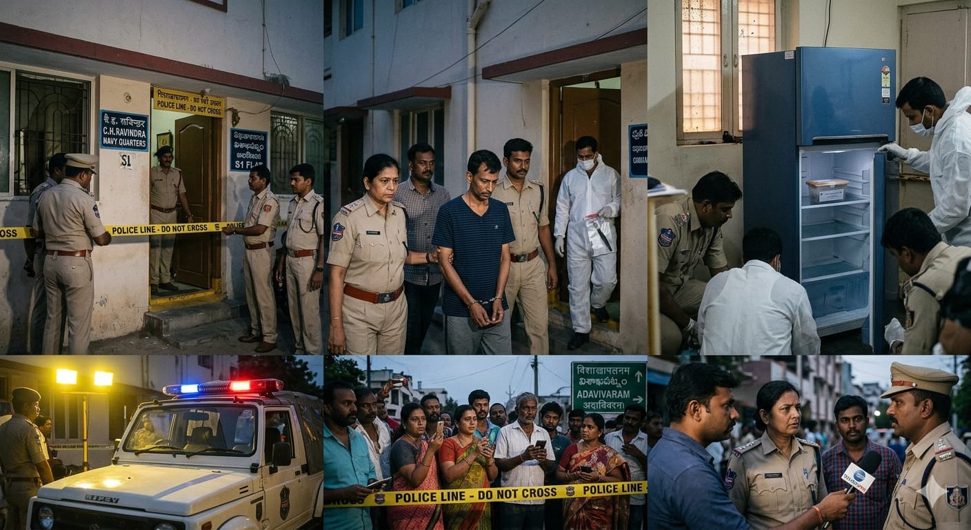 विशाखापत्तनम में नेवी क्वार्टर के बाहर पुलिस की घेराबंदी और फ्लैट के अंदर फ्रिज की जांच करते फॉरेंसिक अधिकारी।