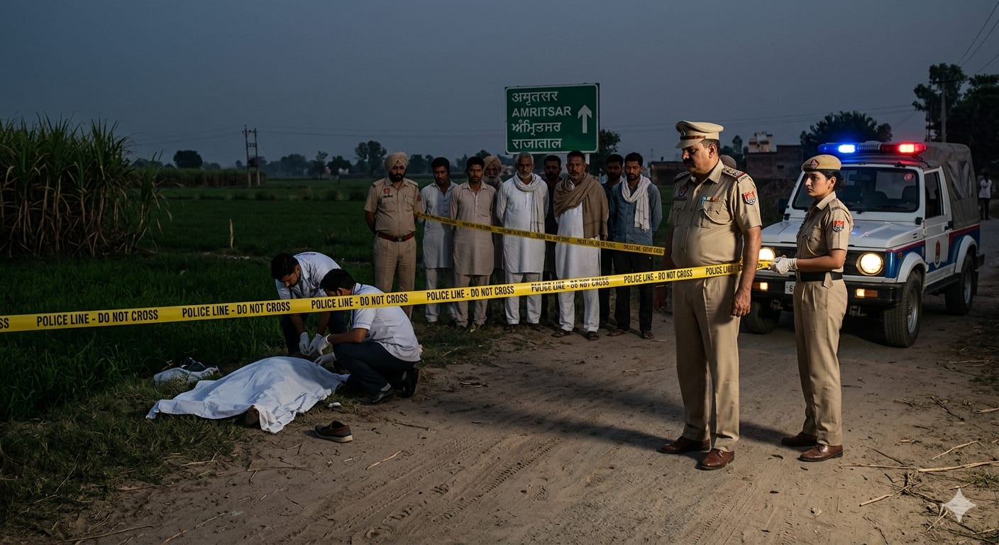 अमृतसर के सरहदी गांव राजाताल में अपराध स्थल पर जांच करती पंजाब पुलिस की टीम और आसपास खड़े ग्रामीण।