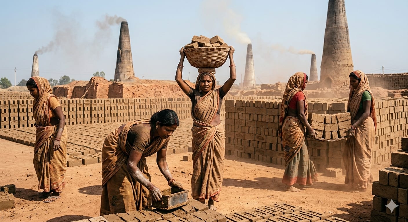 बिहार के सहरसा में पारंपरिक ईंट भट्ठे पर काम करती महिला मजदूर और दूर से धुआं छोड़ती चिमनियां.