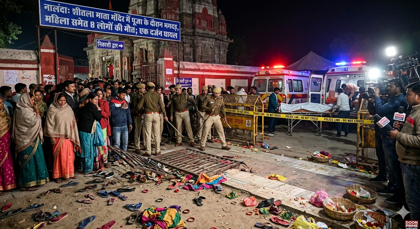 नालंदा के शीतला माता मंदिर के बाहर पुलिस बल, एंबुलेंस और बिखरे हुए सामान का दृश्य जहाँ भगदड़ हुई थी