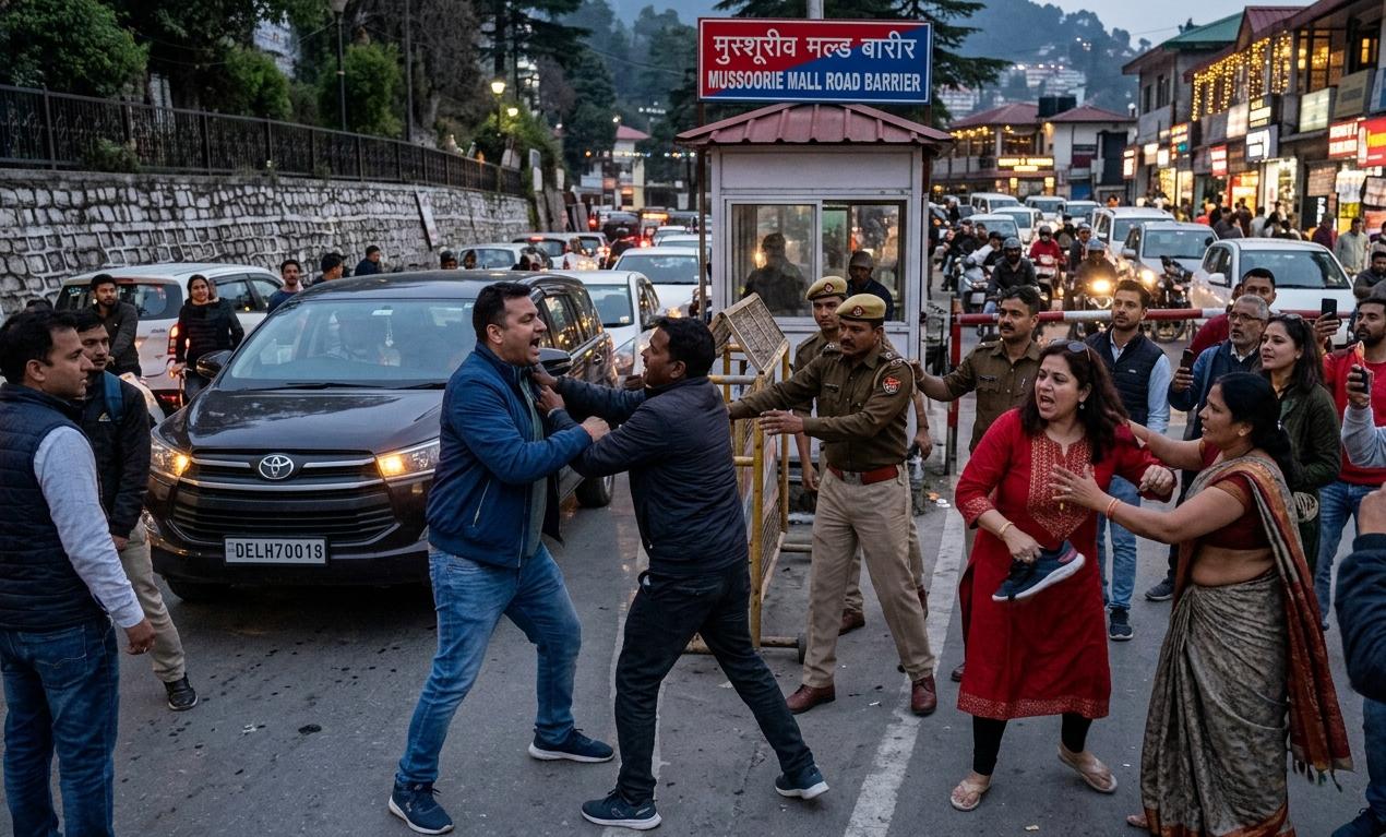मसूरी माल रोड बैरियर पर दिल्ली के पर्यटकों और स्थानीय लोगों के बीच होती हाथापाई और भीड़ का दृश्य।