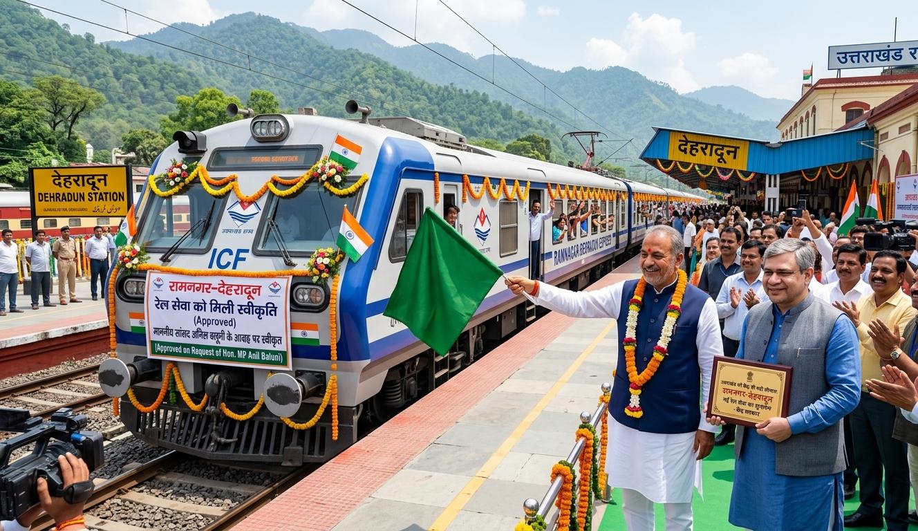 उत्तराखंड में रामनगर-देहरादून नई रेल सेवा के शुभारंभ का प्रतीकात्मक दृश्य, जिसमें सजी हुई ट्रेन और खुशहाल यात्री दिखाई दे रहे हैं।