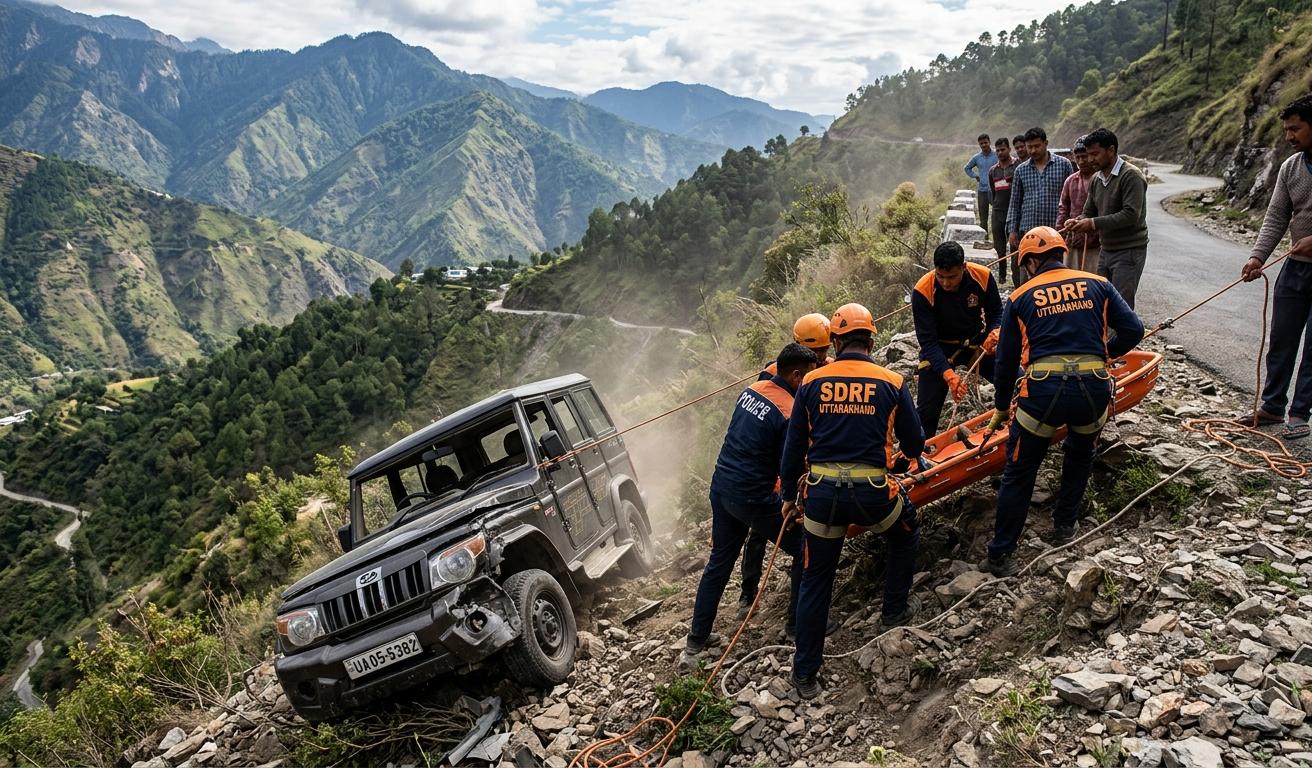 पिथौरागढ़ के मूनाकोट में खाई में गिरी कमांडर जीप का रेस्क्यू करते एसडीआरएफ जवान।
