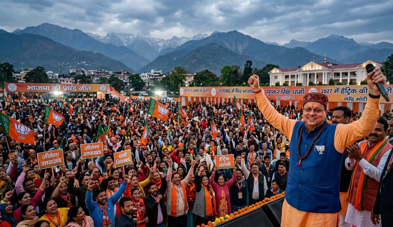 उत्तराखंड के मुख्यमंत्री पुष्कर सिंह धामी एक चुनावी रैली में भाषण देते हुए, पृष्ठभूमि में "विजयी यात्रा" और "जीत की हैट्रिक" लिखा हुआ।