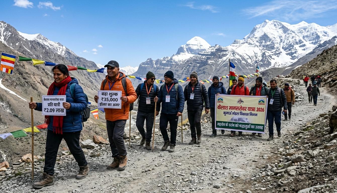 कैलाश मानसरोवर यात्रा पर जाते श्रद्धालु और पृष्ठभूमि में हिमालय के पहाड़।
