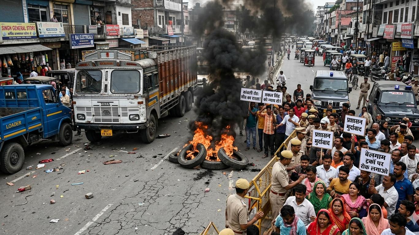 देहरादून कांवली रोड पर ट्रक हादसे के बाद प्रदर्शन करती भीड़ और जलते हुए टायर।