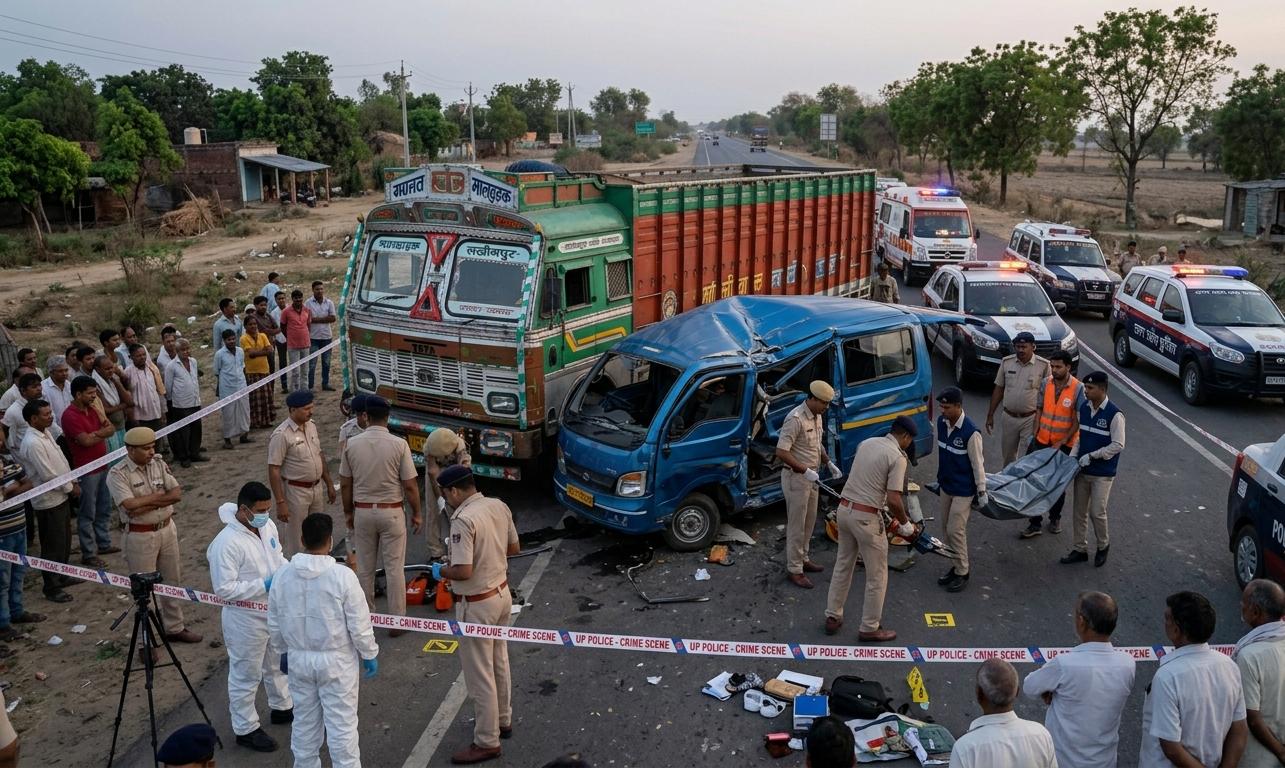 लखीमपुर खीरी सड़क हादसा ट्रक और टाटा मैजिक की टक्कर दुर्घटनाग्रस्त वाहन