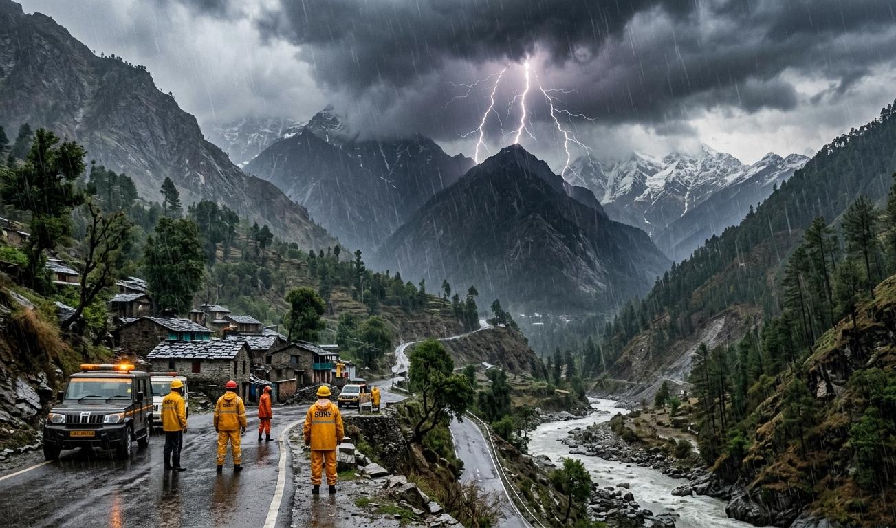 उत्तराखंड के पहाड़ी इलाके में बिजली चमकते हुए और बारिश के दौरान मुस्तैद SDRF की टीम और पुलिस वाहन।