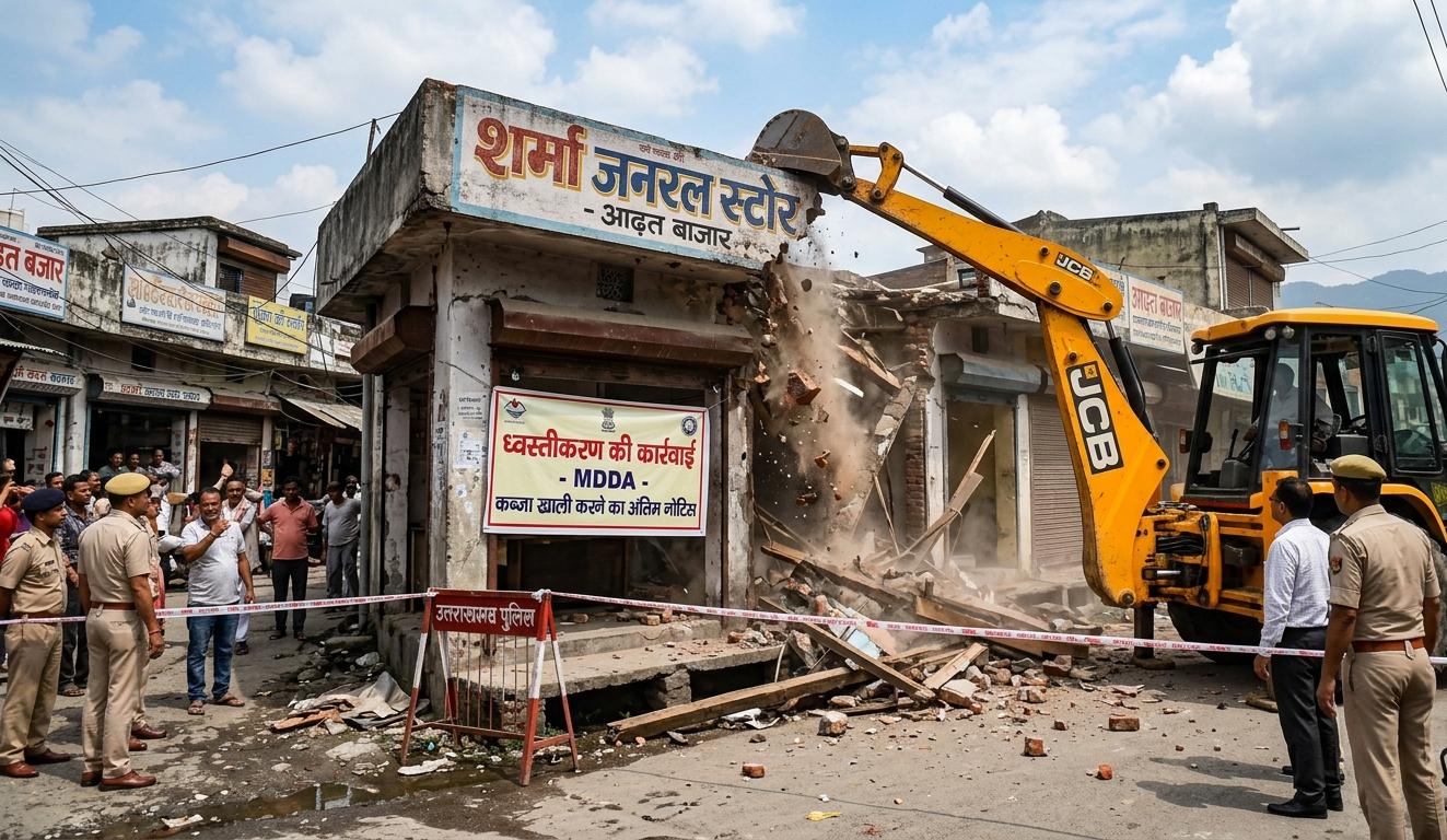 देहरादून आढ़त बाजार में एमडीडीए द्वारा अवैध कब्जे पर बुलडोजर से ध्वस्तीकरण की कार्रवाई और तैनात पुलिस बल