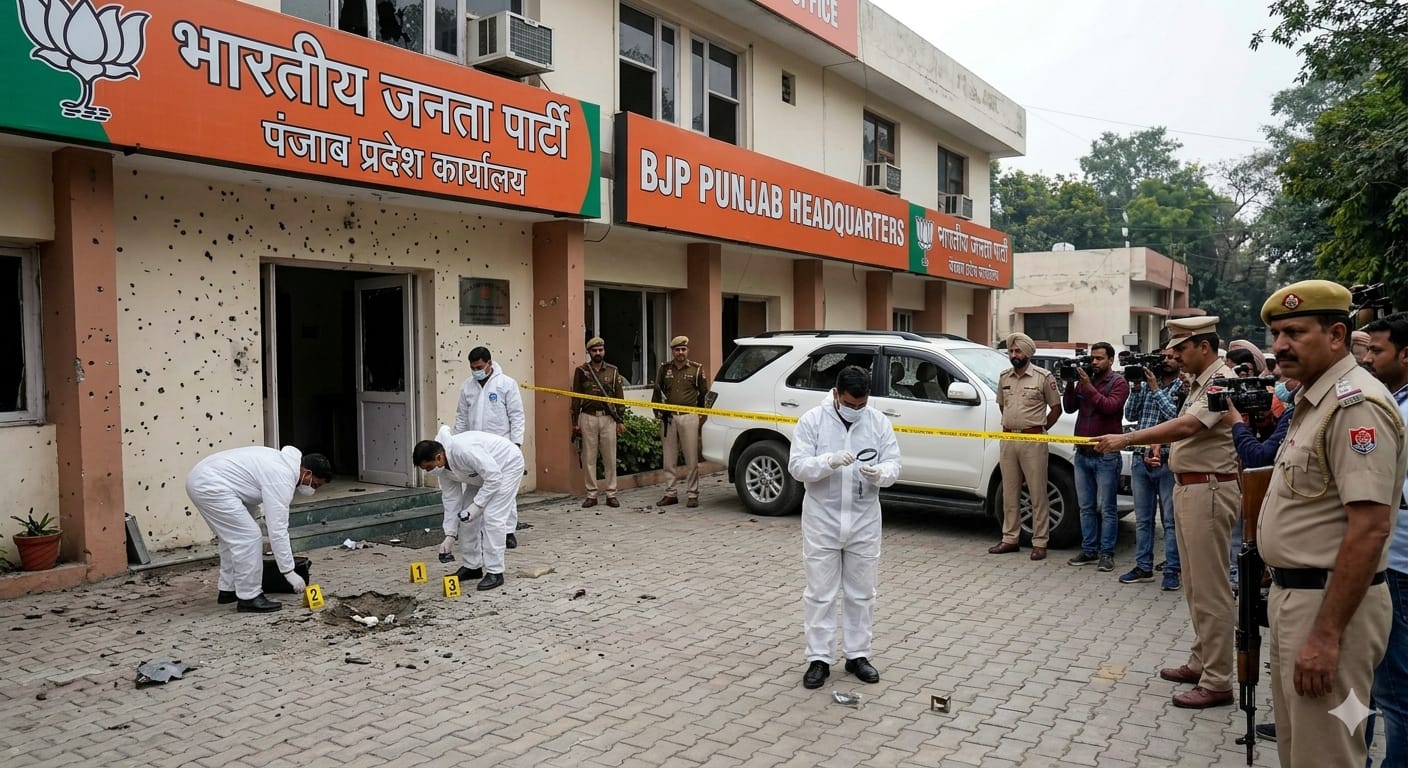 चंडीगढ़ में भाजपा के पंजाब प्रदेश कार्यालय के बाहर हुए ग्रेनेड हमले के बाद जांच करती फोरेंसिक टीम और सुरक्षाकर्मी।