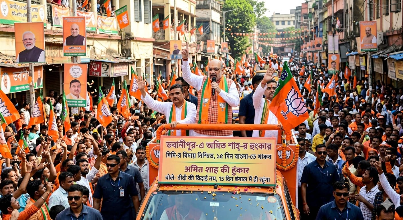 कोलकाता के भवानीपुर में सुवेंदु अधिकारी के साथ रोड शो करते अमित शाह और उमड़ी भारी भीड़।