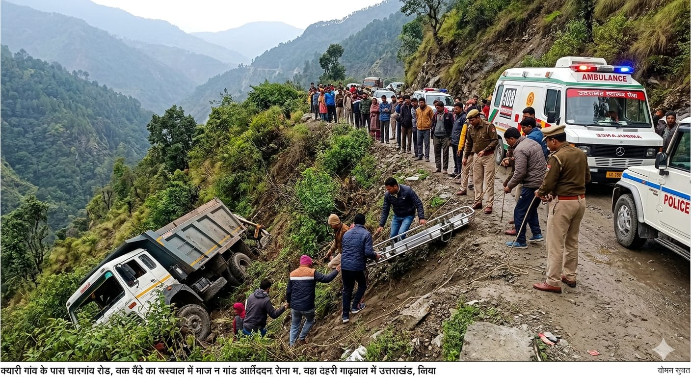 टिहरी गढ़वाल के क्यारी गांव में खाई में गिरा डंपर और पुलिस का रेस्क्यू ऑपरेशन।