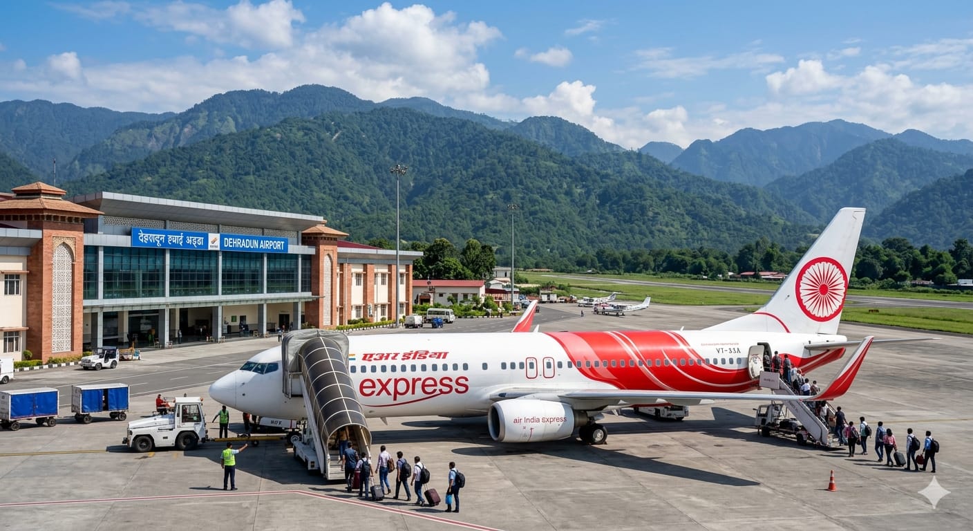 देहरादून एयरपोर्ट के टर्मिनल और हिमालयी पहाड़ियों के सामने खड़ा एयर इंडिया एक्सप्रेस का एक विमान, जहाँ यात्री विमान में चढ़ रहे हैं और हवाई अड्डे के कर्मचारी काम कर रहे हैं।
