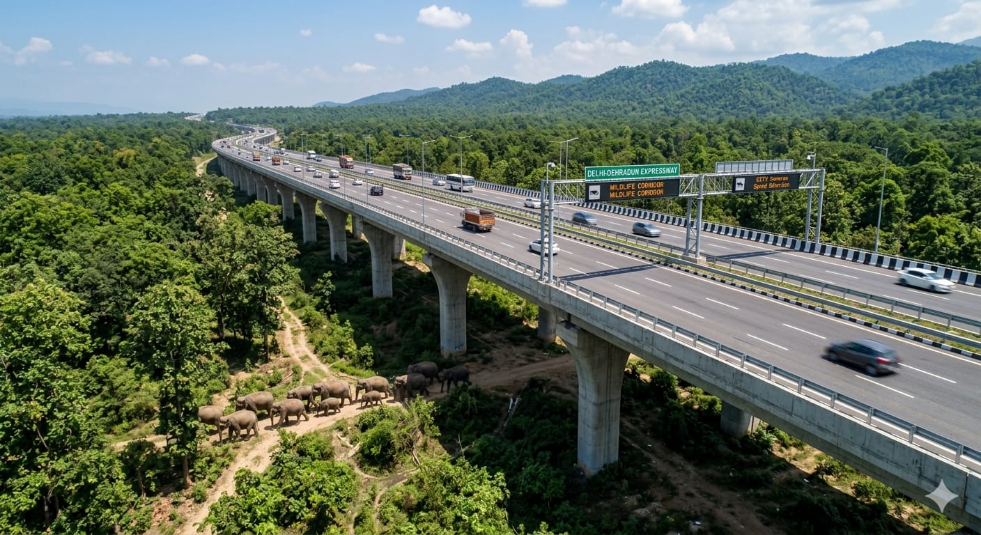 दिल्ली-देहरादून एक्सप्रेसवे पर गणेशपुर-डाटकाली 12 किमी एलिवेटेड ग्रीन कॉरिडोर का हवाई दृश्य