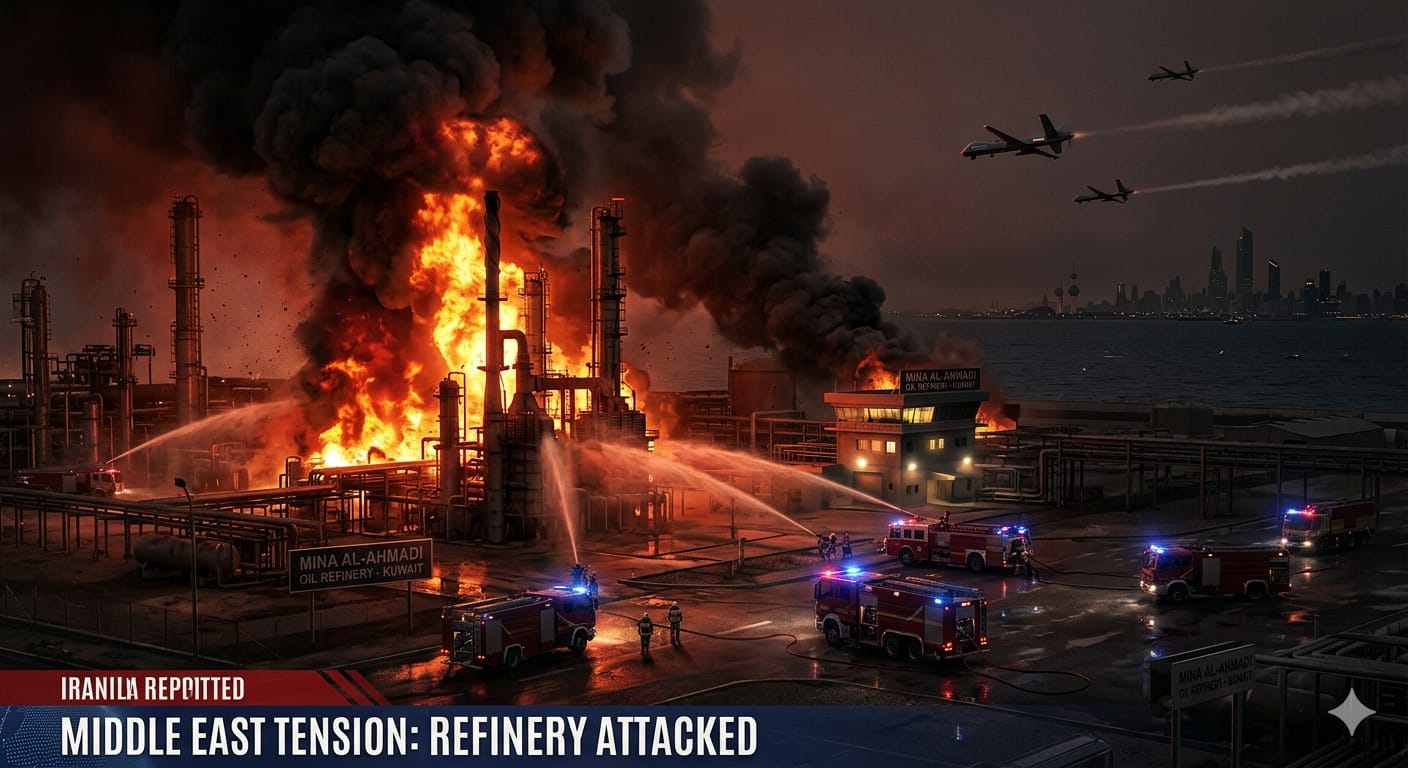 कुवैत की मीना अल-अहमदी रिफाइनरी में आग और ईरान के ड्रोन हमले का दृश्य