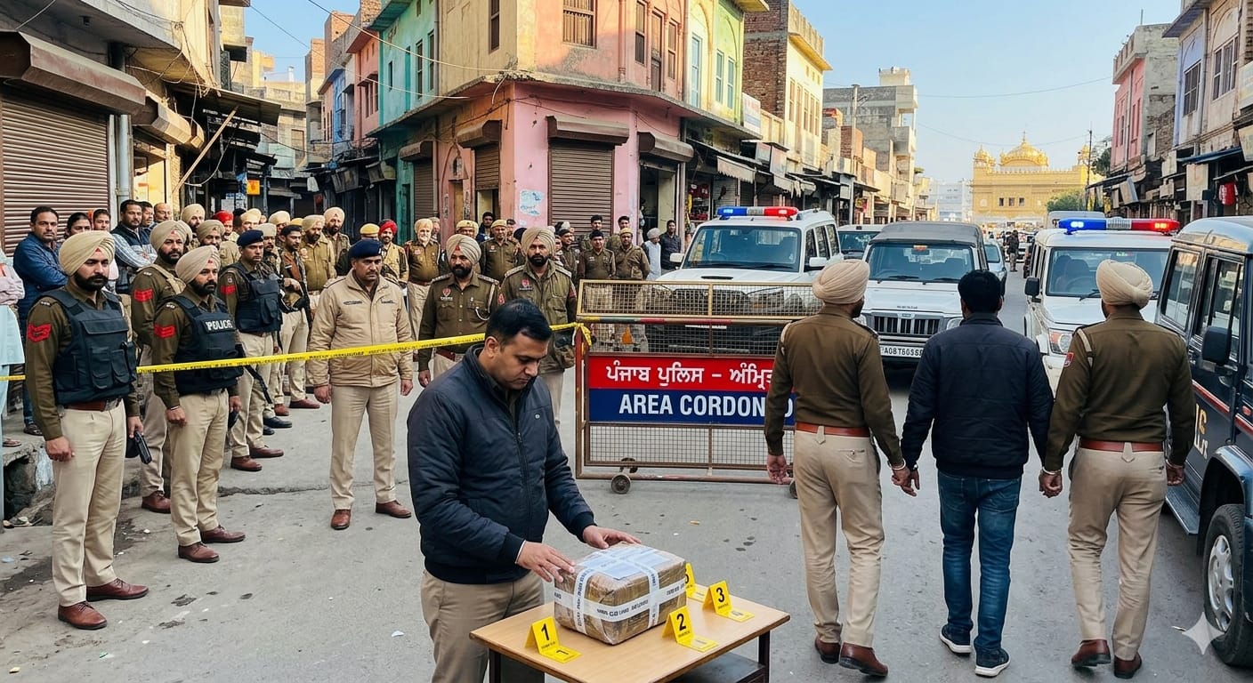 अमृतसर की गलियों में पंजाब पुलिस का सर्च ऑपरेशन और घेराबंदी, संदिग्ध वस्तु की जांच करते सुरक्षाकर्मी।